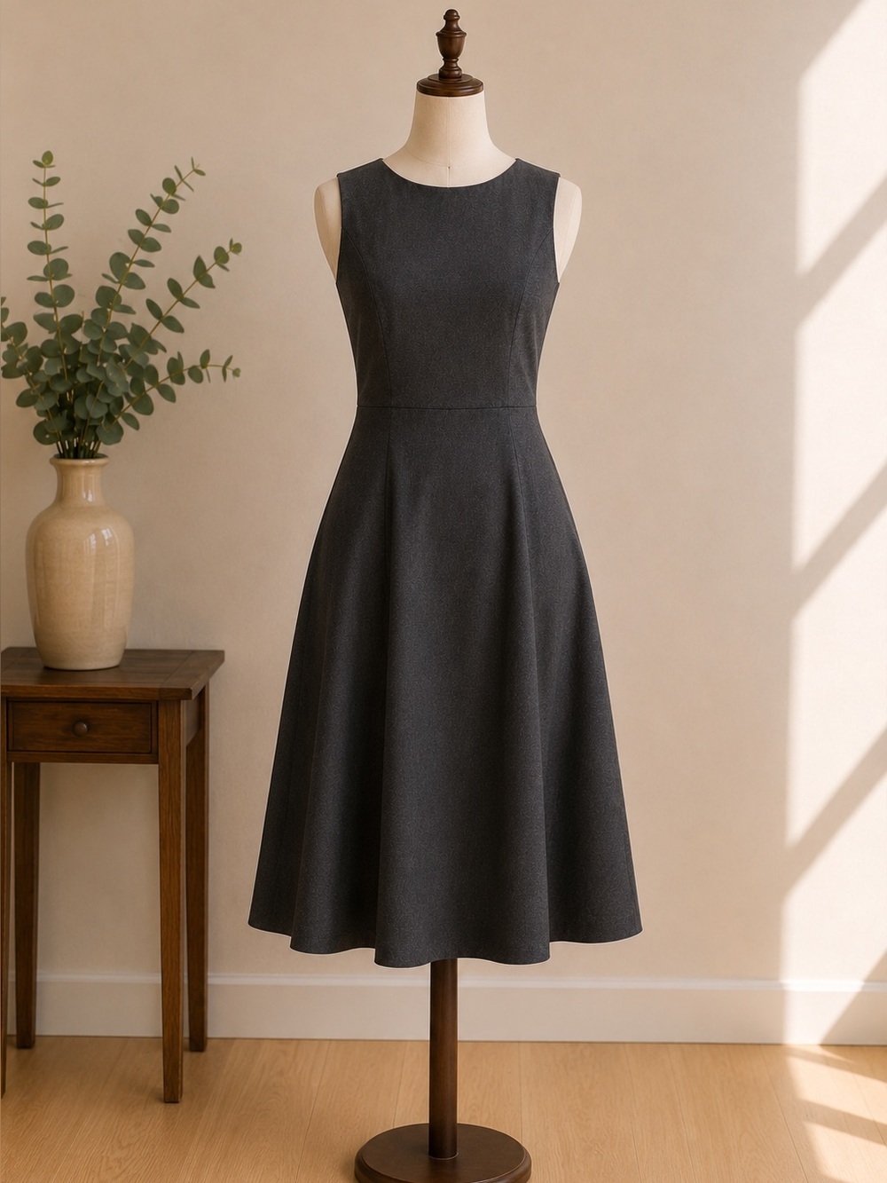 H&M Charcoal Gray Fit & Flare Midi Dress Sleeveless Office Chic US 8